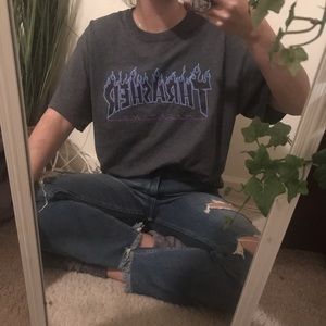 gray, black, and purple thrasher t-shirt